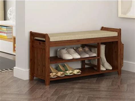 Natural Bamboo Shoe Storage Rack Bench With 2 Tier Cushion Seat Living