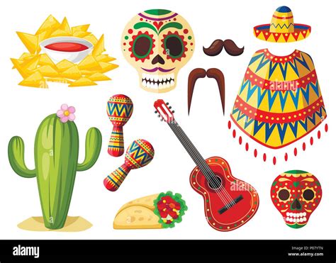 Mexico Colorful Symbols Mexican Vector Icons Set Latin Traditional Ethnicity Symbols Cartoon