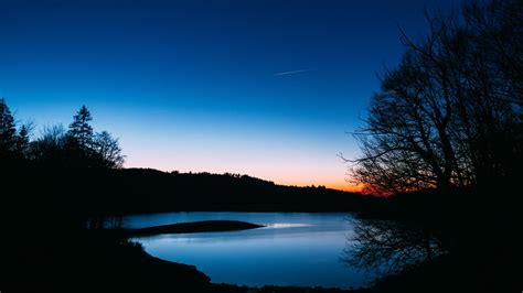 Download Wallpaper 2560x1440 Lake Trees Sunset Night Sky Landscape
