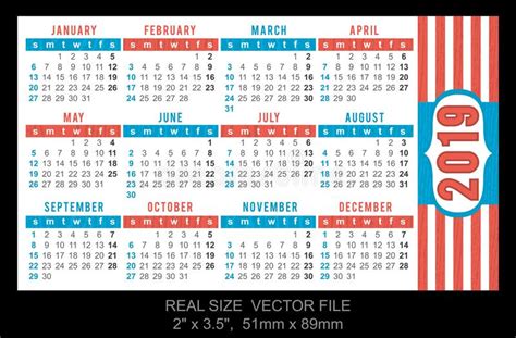 2019 Calendar Template For Pocket Calendar Basic Grid Stock Vector
