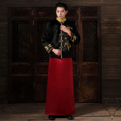 Male Red Cheongsam Toast Costumes Grooms Dress Jacket Long Gown