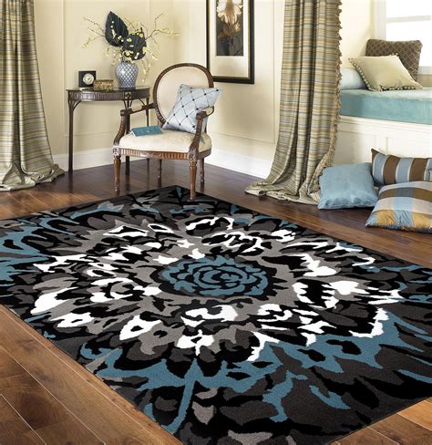 White And Blue Contemporary Floral Pattern Rug New Deal On The