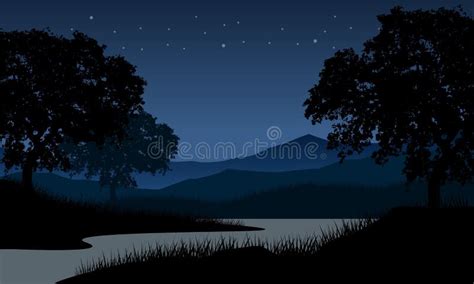 An Beautiful Mountain View At Night From The Lakeside With The