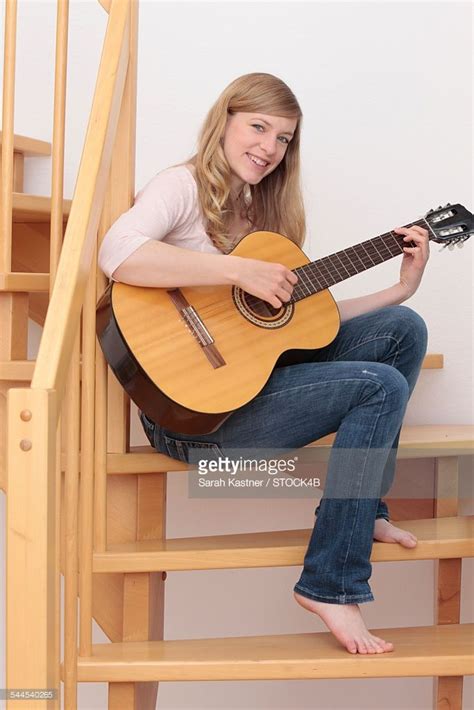 Woman Playing Guitar On Stairs Guitar Girl Female Guitarist Female Girl Womens Feet Photos