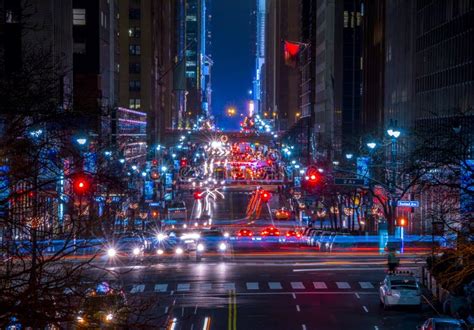 Night Traffic On 42 Street In New York City Stock Photo Image Of