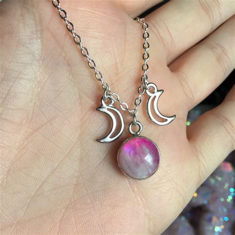 Pink Rainbow Moonstone Triple Goddess Moon Phases Necklace