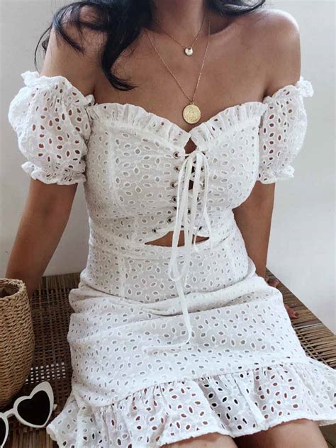 Boho Inspired Eyelet White Summer Dress Corset Tie Up Front Party Dress Off Shoulder Cut Out