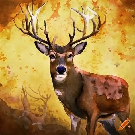 Watercolor Painting Of A Buck Deer In The Forest