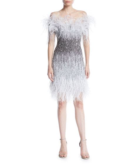 pamella roland ostrich feather ombre sequin embroidered cocktail dress