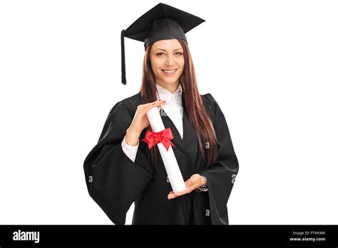 Female Graduate Student In A Black Graduation Gown Holding A Diploma