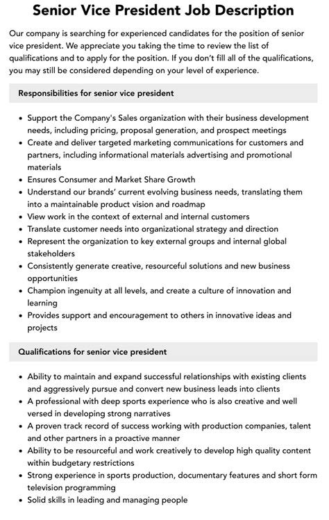 Senior Vice President Job Description Velvet Jobs