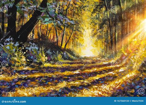 Painting Sunny Forest In Autumn Stock Image Image Of October Fall