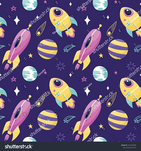 Seamless Cute Cartoon Space Pattern Spaceship Stock Vector Royalty