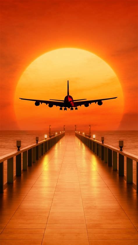 Airplane, photoshop, pier, sunset, 720x1280 wallpaper | Airplane