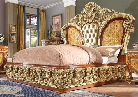 This king size bedroom set has a sophisticated and luxurious charm because of its curved headboard, the elegant carvings, and the matching case goods that are accented with gold hardware. Luxury CAL King Bedroom Set 3 Psc Gold Curved Wood Homey ...