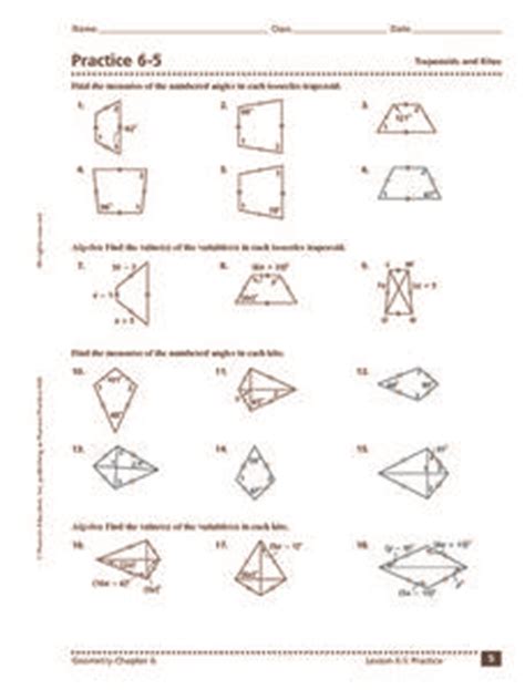 Practice 6-5: trapezoids and kites worksheet for 10th