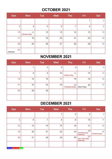 Free Printable Calendar October November December 2021