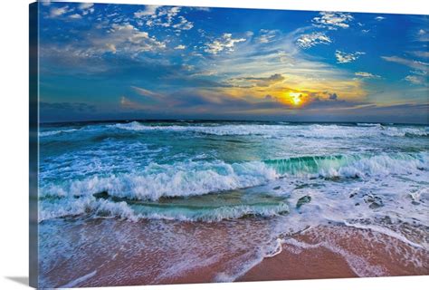Blue Beach Waves Sunset Tropical Seascape Wall Art Canvas Prints