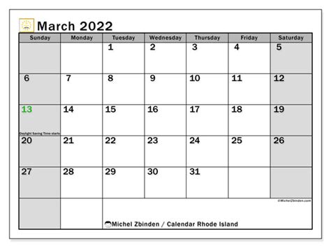 Printable March 2022 Rhode Island Calendar Michel Zbinden En