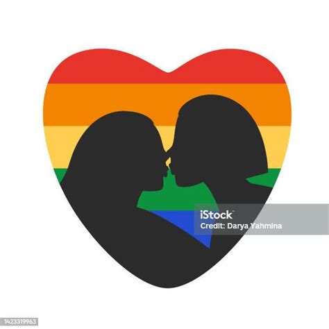 lesbian kiss black silhouette of kissing lgbt couple with rainbow heart on the background stock