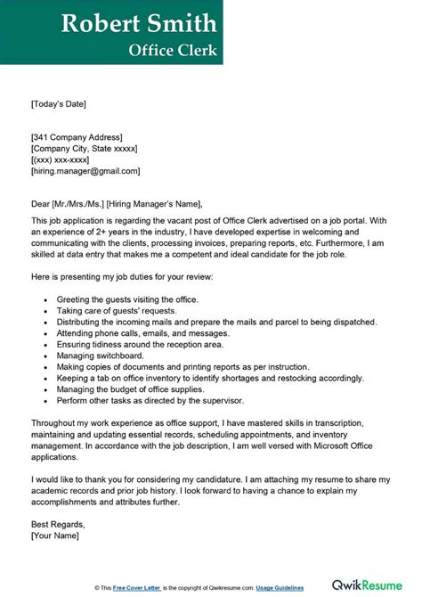 General Office Clerk Cover Letter Examples Qwikresume