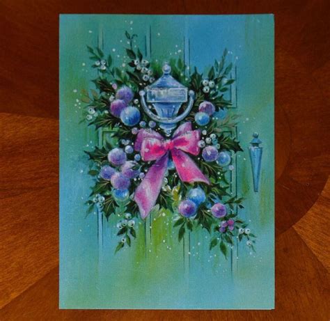 Vintage Unused Christmas Card Glitter Front Door Knocker Pink Bow Mid
