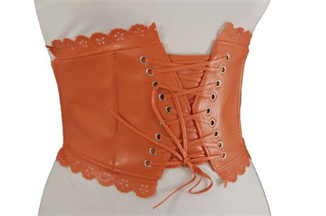 New Women Extra Wide Corset Fashion Belt Faux Leather Stretch Orange