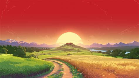 Download Wallpaper 1920x1080 Landscape Sunset Orange Sky Pathway