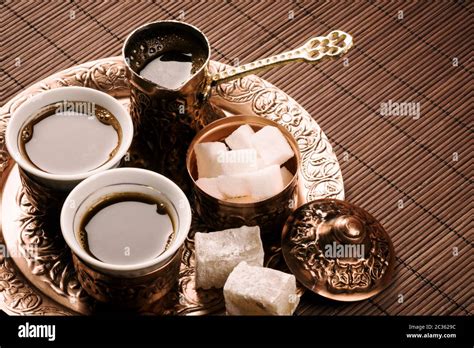 Traditional Turkish Coffee Set With Two Coffee Cups Sugar And Turkish