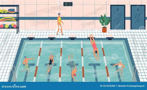 Sport Professional Swimming Pool With Lanes People Swim In Public Swimming Pool Vector