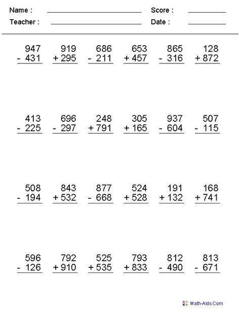 3rd grade math worksheets for children arranged by topic. 2, 3, or 4 Digits Mixed Operator Worksheets | Addition and subtraction worksheets, Subtraction ...