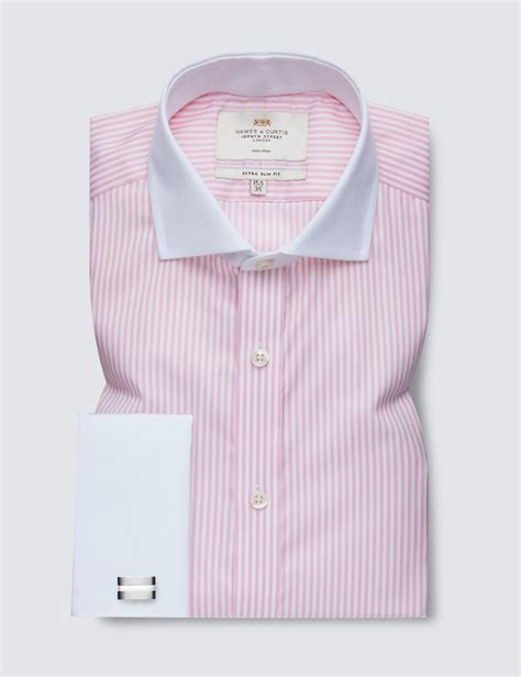 Non Iron Bengal Stripe Mens Extra Slim Fit Shirt With Windsor Collar And Double Cuff In Pink