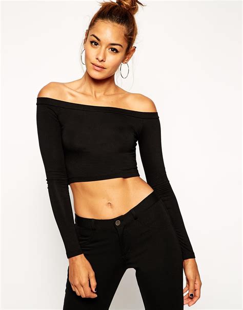 Asos Crop Top With Long Sleeves And Bardot Off Shoulder In