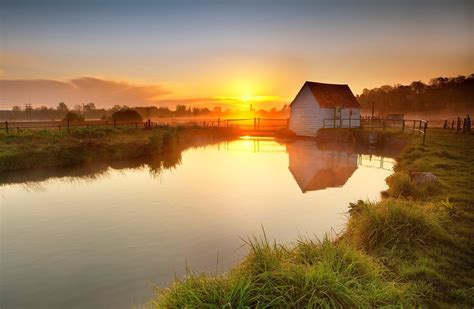 Fence Pond Village Sunset Lake Evening House Grass Wallpaper