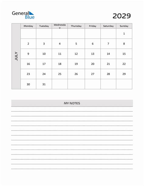 July 2029 Printable Monthly Calendar With Notes