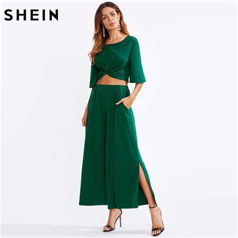 Shein Two Piece Set Green Twist Front Half Sleeve Crop Top With Slit Palazzo Pants Set Party