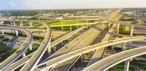 Panoramic Top View Fivelevel Stack Expressway Viaduct In Houston Texas