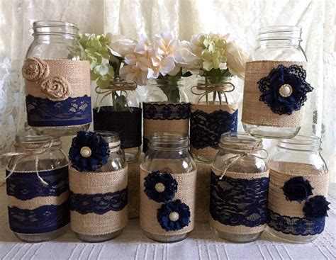 10x Rustic Burlap And Navy Blue Lace Covered Mason Jar Vases Wedding