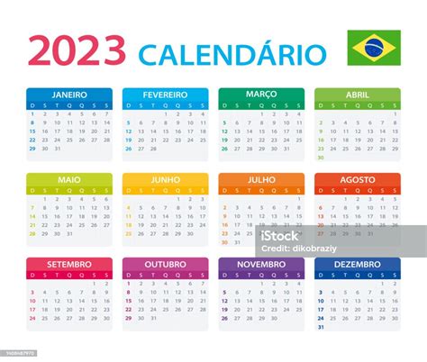 Vetores De Modelo Vetorial Do Calendário Cor 2023 Versão Brasileira E