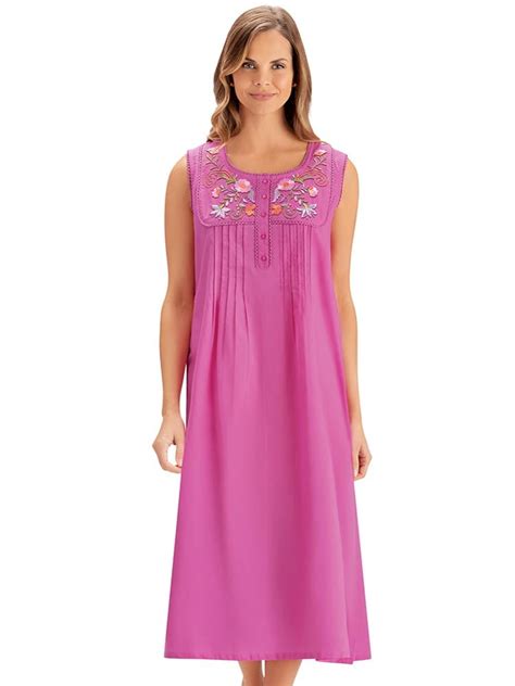 Collections Etc Pretty And Feminine Bright Embroidered Sleeveless Nightgown Floral Design