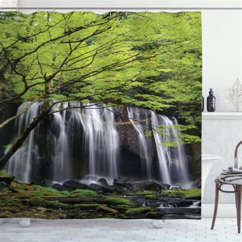 Scenery Shower Curtain Rock Tree In Waterfall Print For Bathroom Ebay