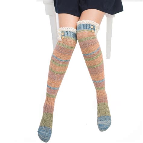 Women Cotton Warm Stockings Stripes Lace Thigh Knee High Leg Stockings