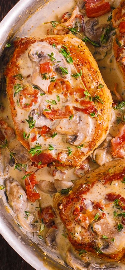 Trying this recipe tonight, with the super thick cut top loin boneless chops from costco. Smothered Pork Chops with creamy mushroom, bacon and fresh ...
