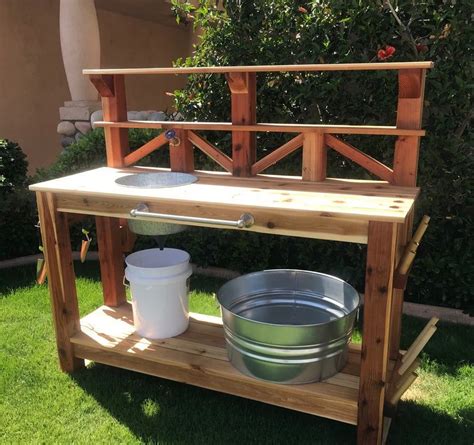 Potting Bench With Water Spigot Cedar Potting Table Outdoor Etsy