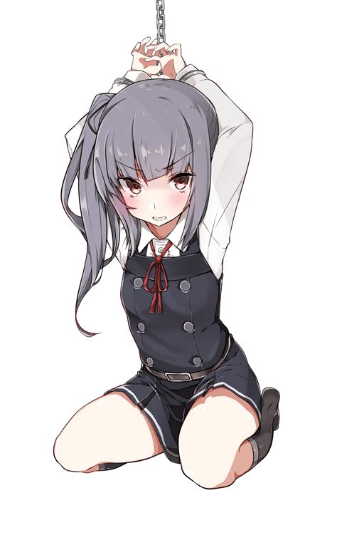 Safebooru 1girl Angry Bdsm Black Legwear Blush Bound Bound Wrists Brown Eyes Buttons Clenched