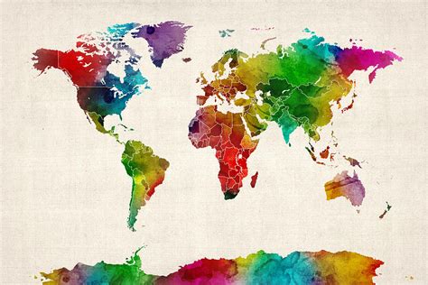 Watercolor Map Of The World Map Digital Art By Michael Tompsett Pixels