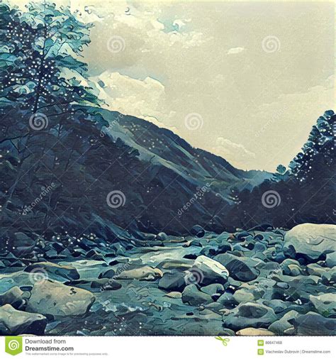 Mountain River With The Forest And Hills Stone And Rocks In Riverbed