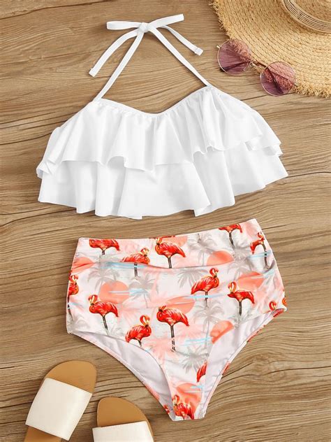 Ruffle Top With Random Flamingo Print Bikini Set ROMWE Girls