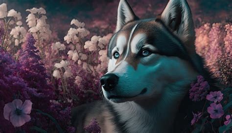 Premium Ai Image A Painting Of A Husky Dog With Purple Flowers In The