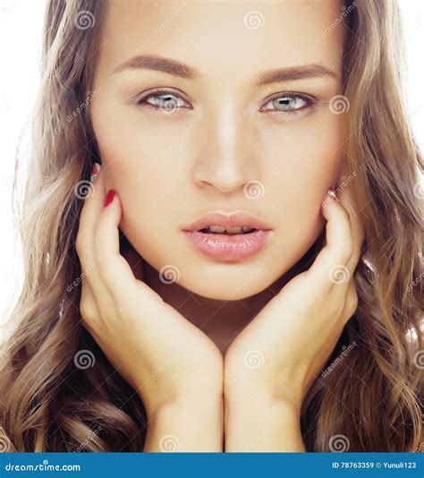 Young Sweet Brunette Woman Close Up Isolated On White Background Perfect Pure Innocense